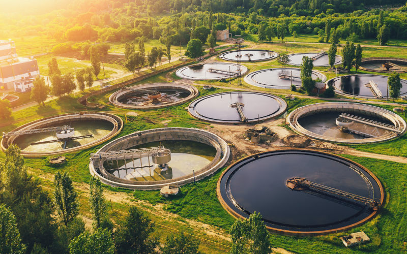 Aerial view of wastewater treatment plant, filtration of dirty or sewage water Future of Vehicle Systems and Technologies